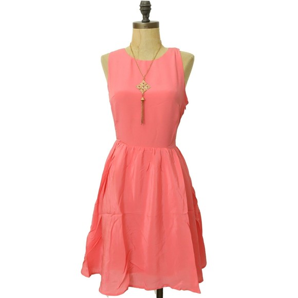 Line & Dot Revolve Silk Dress Size S Fit & Flare Cross Back Coral Pink NWT B32 - Picture 2 of 5